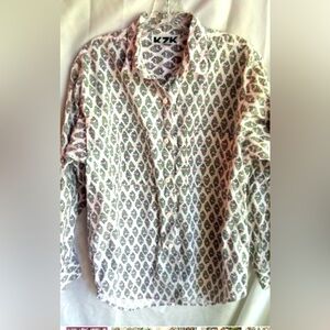 KZK M Lavender Lime Flower Cotton Oxford Button Down Shirt Top